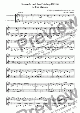 page one of "Sehnsucht nach dem Frühling" KV.596 for Two Clarinets