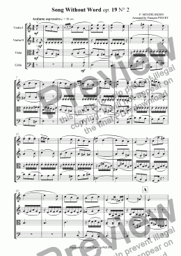 page one of F. Mendelssohn: Song Without Words op.19 N° 2 arranged for String Quartet