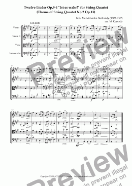 page one of Twelve Lieder Op.9-1 "Ist es wahr?" for String Quartet (Thema of String Quartet No.2 Op.13)
