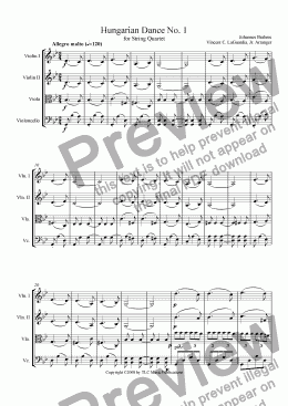 page one of Brahms Hungarian Dance No. 1 for String Quartet
