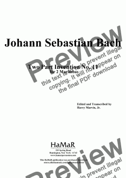 page one of J. S. Bach Two Part Invention No. 11 for 2 Marimbas