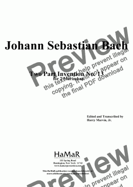 page one of J. S. Bach Two Part Invention No. 13 for 2 Marimbas