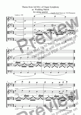 page one of Theme from Saint -Saens' Organ Symphony as wedding march: arr. for String Quartet