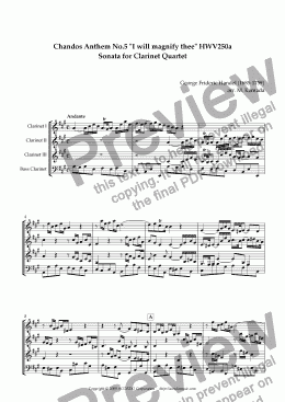 page one of Chandos Anthem No.5 "I will magnify thee" HWV250a Sonata for Clarinet Quartet