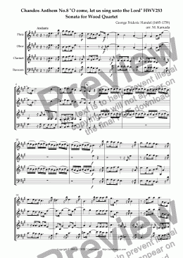 page one of Chandos Anthem No.8 "O come, let us sing unto the Lord" HWV253 Sonata for Wood Quartet