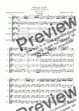 page one of Haydn:  Trio no 1 in D for flute choir (3 fl, alto fl, bass fl)
