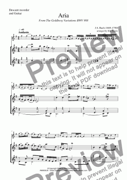 page one of Goldberg variations BWV 988 - Aria, for descant recorder and guitar