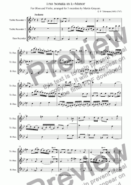page one of Trio Sonata in E-minor, arr. to g-minor for recorders