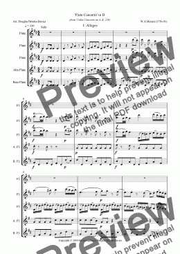 page one of Mozart, ’Flute Concerto’ in D (after Violin Concerto no 4, K. 218) for flute choir (3fl, afl, bassfl), movt 1, Allegro. 