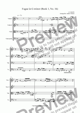 page one of Fugue in G minor (Book 1, No. 16) arr. for String Quartet