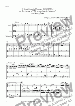 page one of 12 Variations in C major KV265(300e) on the theme of "Ah vous dirai-je, Maman" for String Trio