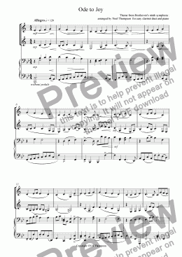 page one of Ode to Joy for easy clarinet duet and piano