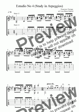 page one of Estudio No 4 - Arpeggio Study - Tarrega - Classical Guitar with TAB