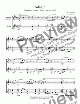 page one of Adagio from the Clarinet Concerto for descant recorder and easy guitar