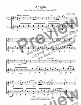 page one of Adagio from the Clarinet Concerto for flute or violin and guitar in (D major)