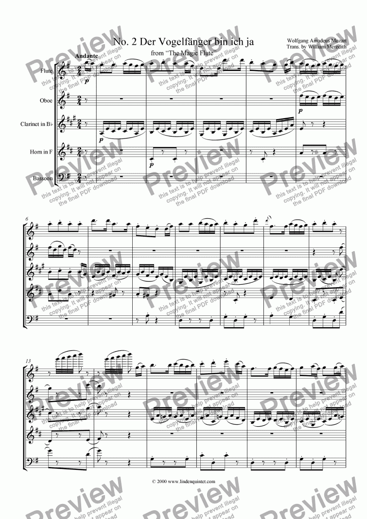 Mozart Magic Flute No 02 Der Vogelfanger Bin Ich Ja Sheet Music