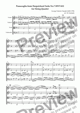 page one of Passacaglia from Harpsichord Suite No.7 HWV432 for String Quartet