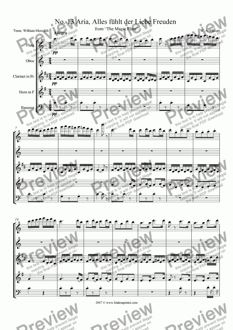 Mozart Magic Flute No 13 Alles Fuhlt Der Liebe Freuden Buy Pdf