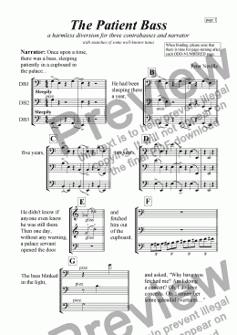 page one of "The Patient Bass", a tale for narrator and 3 double basses