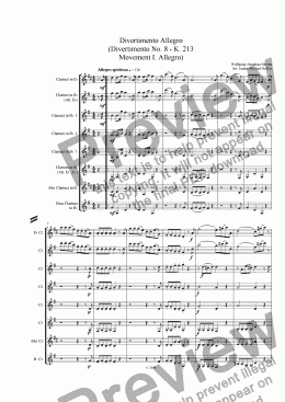 page one of Divertimento in F K.213 (Divertimento Allego for Clarinet Choir)