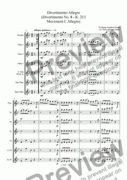 page one of Divertimento in F K.213 (Divertimento Allego for Flute Choir)