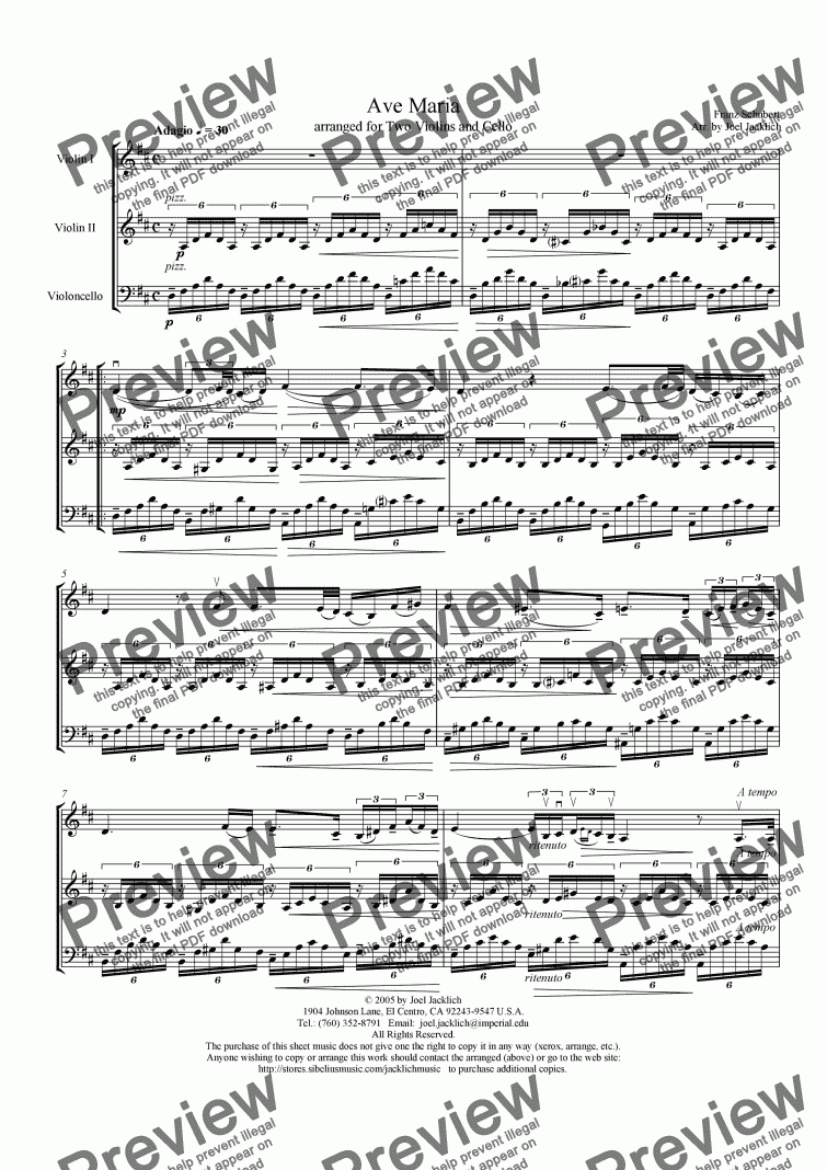 Ave Maria Two Violins And Cello W Solo In Violin D Low Sheet Music