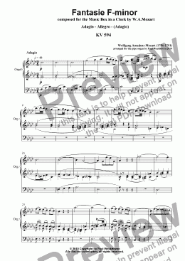page one of Fantasie KV 594, (W.A.Mozart) arranged for the pipe organ