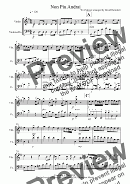 page one of Non Piu Andrai for Violin and Cello Duet