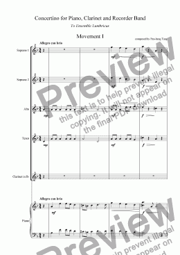 page one of Concertino for Piano, Clarinet, and Recorder Band - Movement I