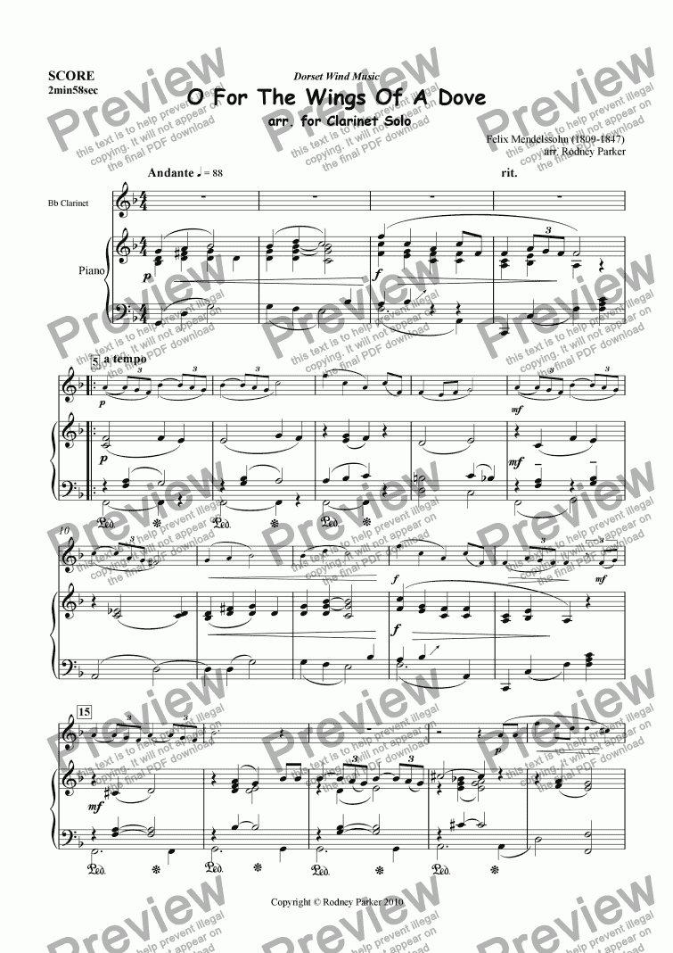 O For The Wings Of A Dove arr. for clarinet solo - Download PDF file