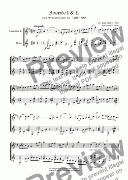 page one of Bourrée from Suite No. 1, BWV 1066 for clarinet in Bb and guitar