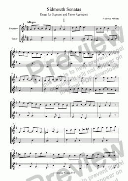page one of Sidmouth Sonatas, Recorder duets for Soprano and Tenor