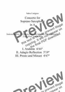 page one of Concerto for Soprano Saxophone, II. Adagio Reflection, for Solo Soprano Saxophone with Orchestra