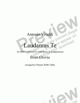 page one of Laudamus Te (VIVALDI) from "Gloria" [RV589], vocal duet for two treble (Soprano) voices with Piano accompaniment, arr. by Pamela Webb Tubbs