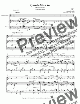 page one of Quando me’n vo (Musetta’s waltz) for Bb Trumpet/Cornet/Flugel/Bb Baritone/Bb Euphonium  & Piano