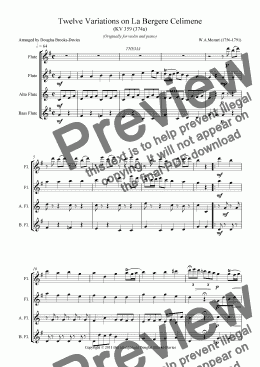 page one of Mozart: 12 Variations on ’La Bergere Celimene’ (K. 359) for Flute Choir (2fl, afl, bassfl).