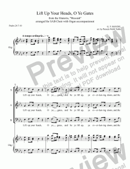 page one of Lift Up Your Heads, O Ye Gates (HANDEL) (from "Messiah") for SAB mixed voices with Organ accompaniment, arr. by Pamela Webb Tubbs