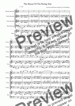 page one of House Of The Rising Sun for Recorder Quartet