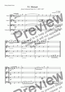 page one of Menuet from Suite No. 2, BWV 1067 for string quartet