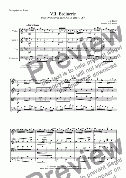 page one of Badinerie from Suite No. 2, BWV 1067 for string quartet