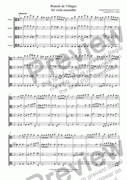 page one of Praetorius - BRANSLE DE VILLAGES - for viola ensemble