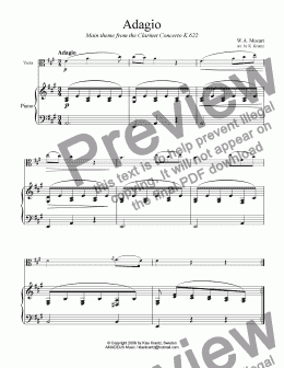 page one of Adagio from the Clarinet Concerto for viola and easy piano