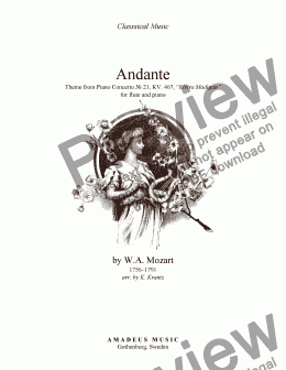 page one of Andante from piano concerto no. 21 (Elvira Madigan) for flute (violin) and easy piano