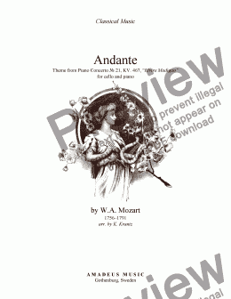 page one of Andante from piano concerto no. 21 (Elvira Madigan) for violoncello and easy piano