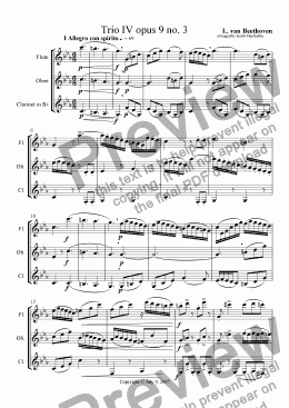 page one of Beethoven: Trio IV opus 9 No. 3 arrange for Flute, oboe, clarinet