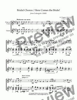 page one of Bridal chorus from Lohengrin - Here comes the bride! for flute or violin and guitar (A major)